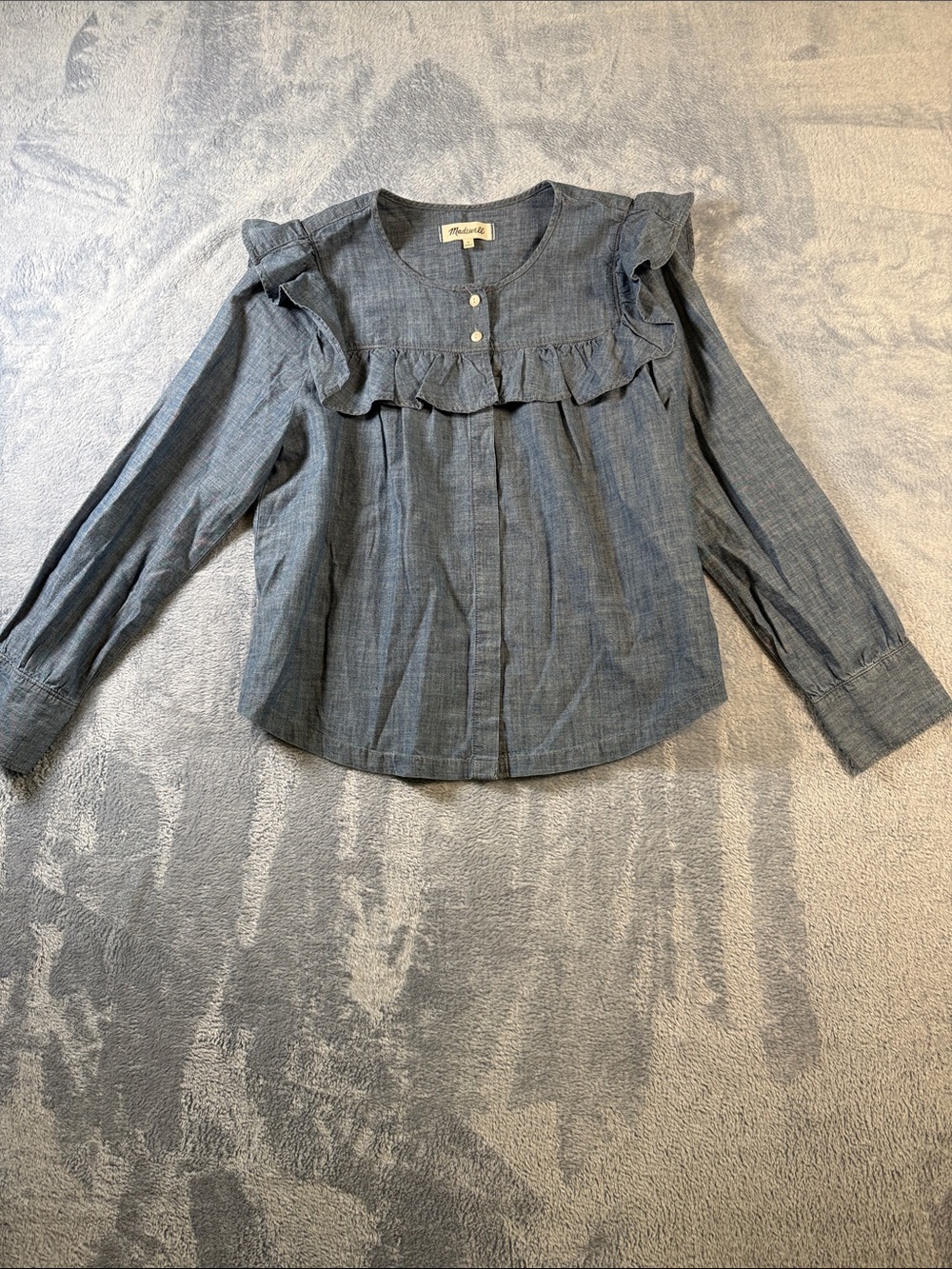 Madewell Chambray Ruffle-Front Button Down Shirt in Blue #3134